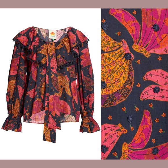 NWT Farm Rio [ Small ] Patchwork Bananas Ruffle Long Sleeve Blouse in Blue‎ - Picture 5 of 13